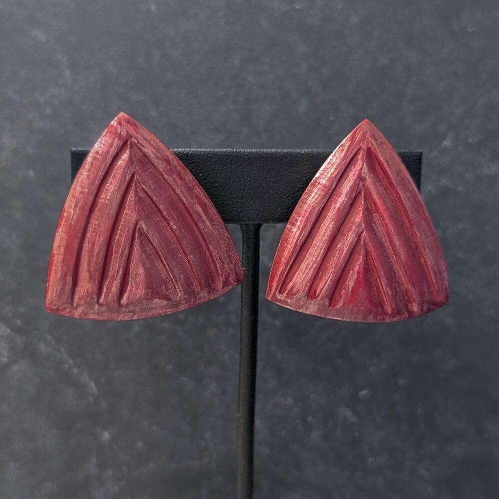 Vintage Clip On Earrings Large Distressed Red Tone Triangular Retro Statement